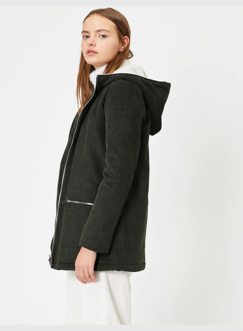 KOTON Cotton Hooded Pocket Detailed Zipper Detailed Coat