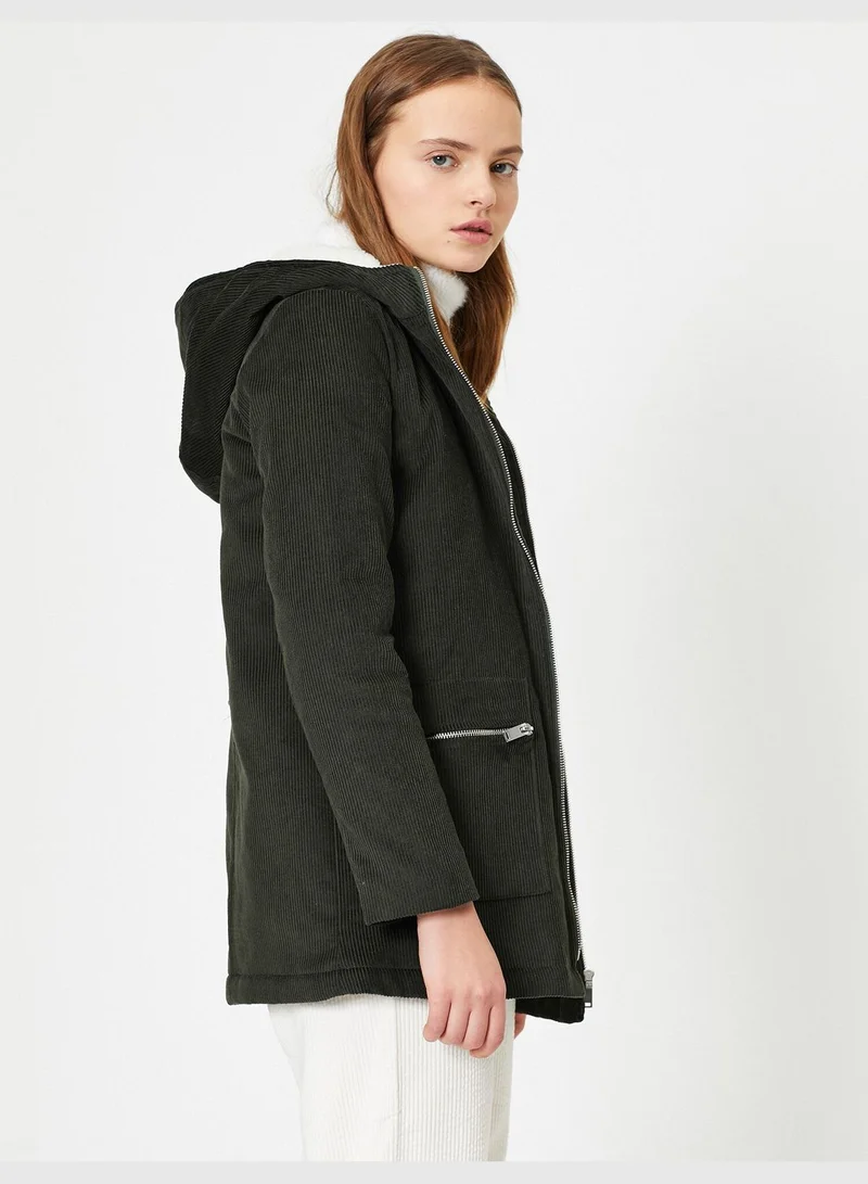 KOTON Cotton Hooded Pocket Detailed Zipper Detailed Coat