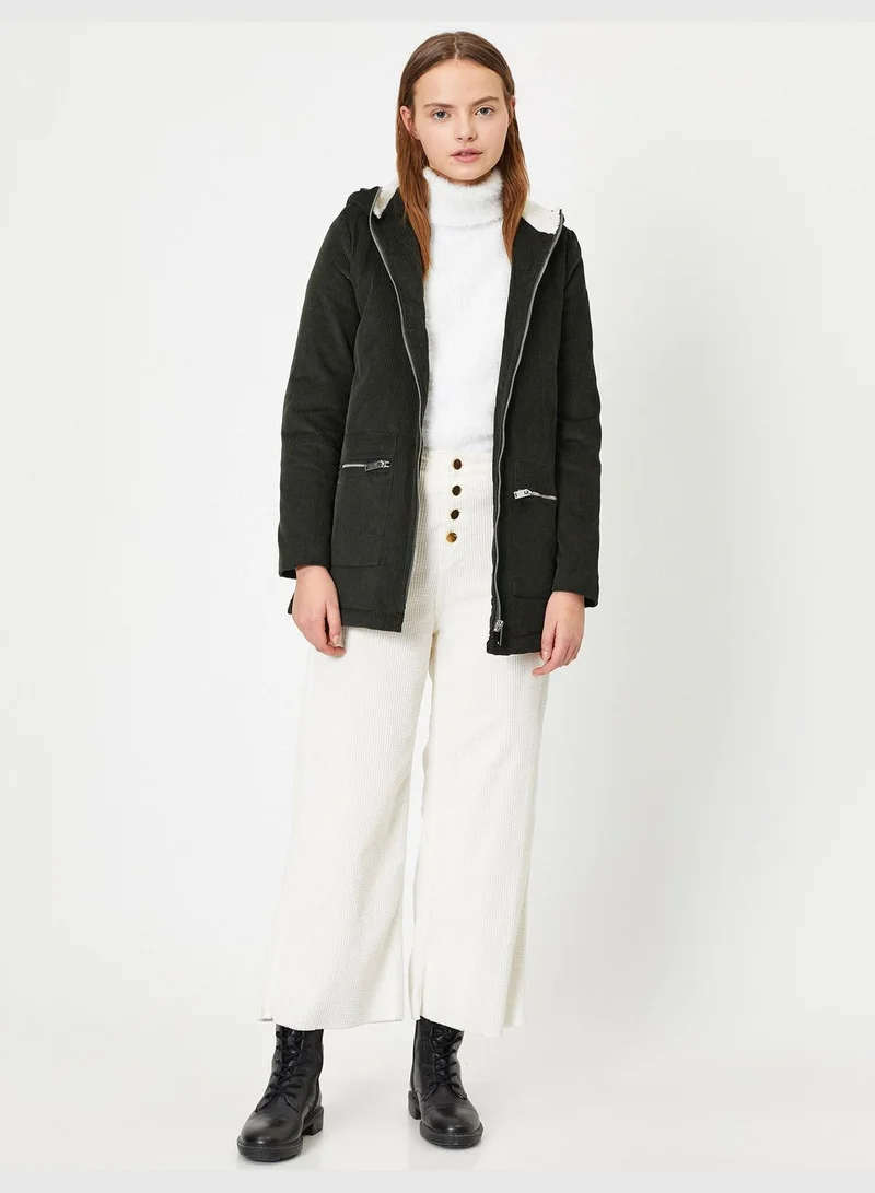 KOTON Cotton Hooded Pocket Detailed Zipper Detailed Coat