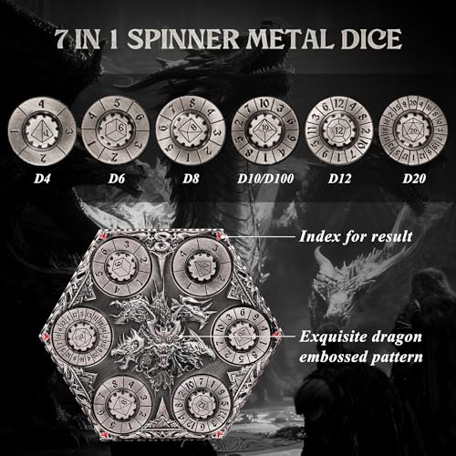 Kabinka DND Dice Set 7 in 1 Metal SpinDial Dice with Storage Bag Portable Celtic Knot DD Dice for D4D6D8D10D12D20 Role Playing Board Games Patina Silver - Image 5