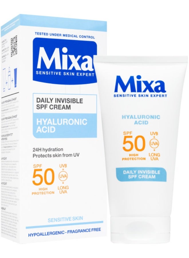 كريم يومي غير مرئي للبشرة الحساسة مع حمض الهيالورونيك، ترطيب يدوم 24 ساعة، يحمي البشرة من الأشعة فوق البنفسجية بعامل حماية من الشمس 50، 50 مل