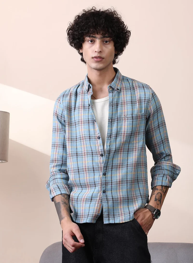 Campus Sutra Campus Sutra Men's Powder Blue Tartan Regular Shirt For Casual Wear | Spread Collar | Long Cuffed Sleeves | Button Closure | Shirt Crafted With Comfort Fit For Everyday Wear