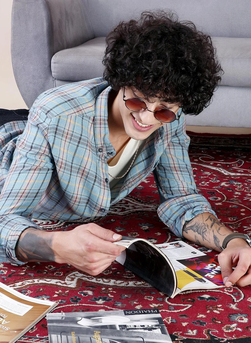 Campus Sutra Campus Sutra Men's Powder Blue Tartan Regular Shirt For Casual Wear | Spread Collar | Long Cuffed Sleeves | Button Closure | Shirt Crafted With Comfort Fit For Everyday Wear