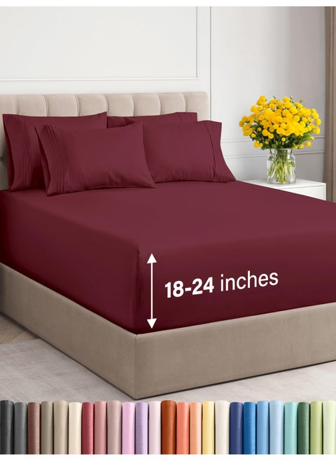 Extra Deep Cal King Sheet Set - 6 Piece Breathable and Cooling Sheets - Hotel Luxury Bed Sheets Set - Easy Fit - Soft  Wrinkle Free and Comfy Sheets Set - Burgundy Sheet Set with Extra Deep Pockets