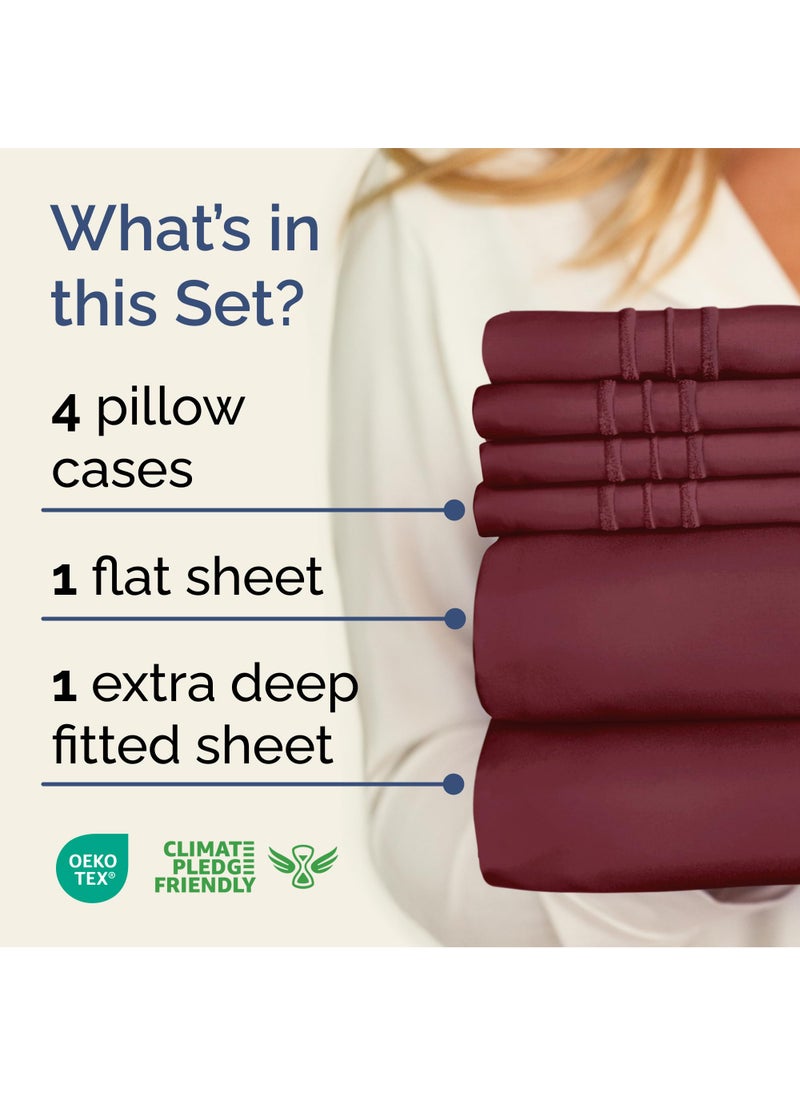 Extra Deep Cal King Sheet Set - 6 Piece Breathable and Cooling Sheets - Hotel Luxury Bed Sheets Set - Easy Fit - Soft  Wrinkle Free and Comfy Sheets Set - Burgundy Sheet Set with Extra Deep Pockets