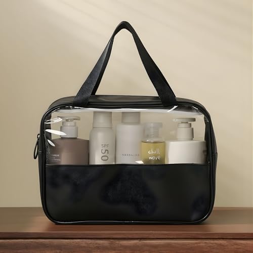 Gowloz Transparent Cosmetic Bag with Handle – PU Leather & Clear PVC Toiletry Travel Organizer Pouch for Makeup, Toiletries, Gym & Daily Use (Pack of 1) - Image 2
