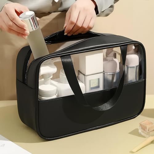 Gowloz Transparent Cosmetic Bag with Handle – PU Leather & Clear PVC Toiletry Travel Organizer Pouch for Makeup, Toiletries, Gym & Daily Use (Pack of 1) - Image 3
