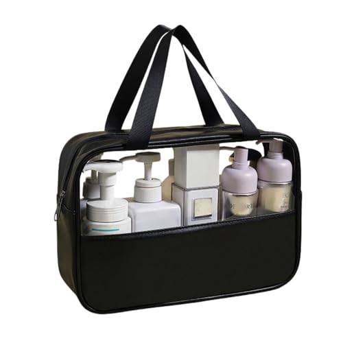 Gowloz Transparent Cosmetic Bag with Handle – PU Leather & Clear PVC Toiletry Travel Organizer Pouch for Makeup, Toiletries, Gym & Daily Use (Pack of 1) - Image 1