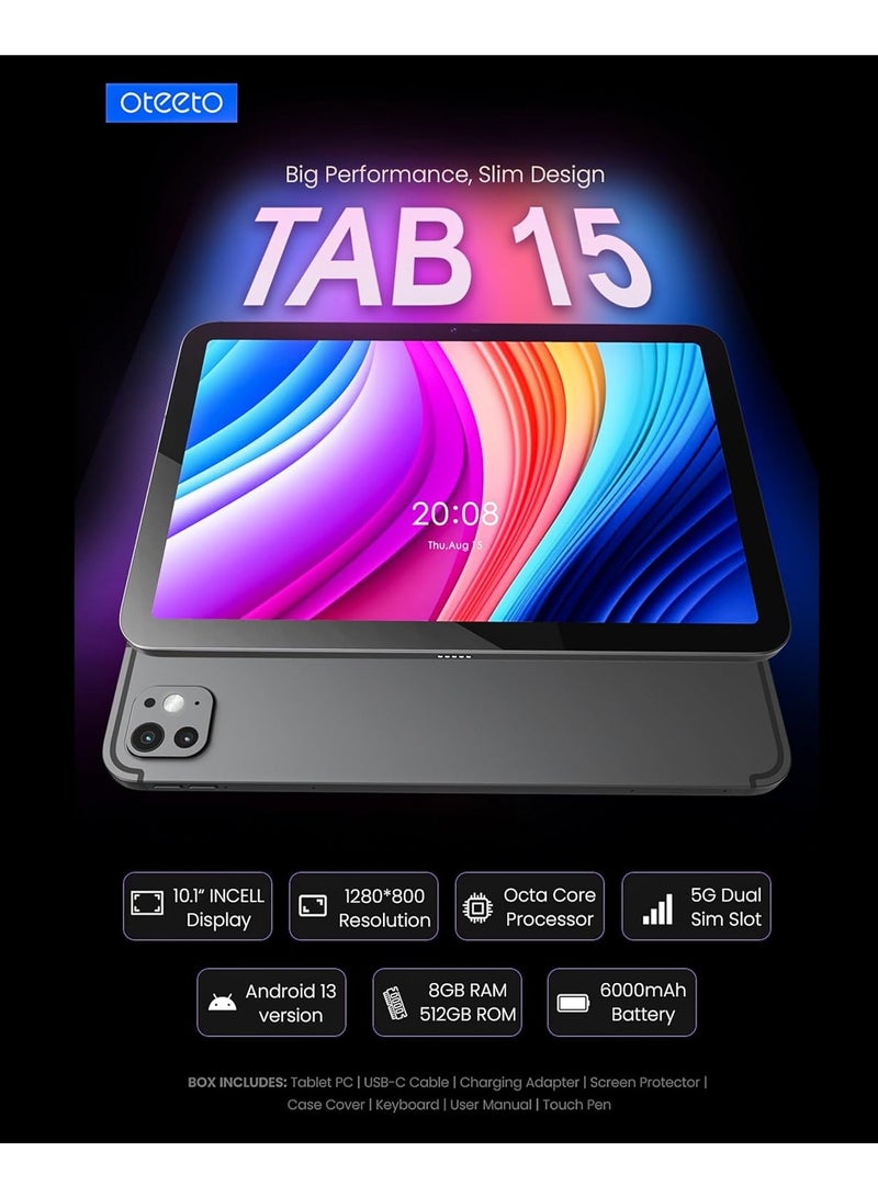 OTEETO TAB 15 Tablet/10.1 Inch/4G SIM/iOS Style Operating System/5G Dual SIM/Octa Core Processor/Included Flip Cover&Keyboard/8GB RAM + 512 GB ROM/Android 13/6000 mAh/8MP Front+13 MP Rear (Silver) - Image 4