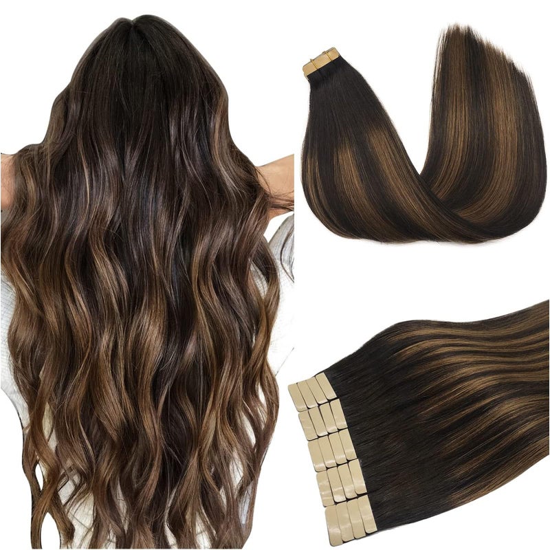 DOORES Tape in Hair Extensions Dark Brown to Chestnut Brown 10 Inch 30g 20pcs Tape in Hair Extensions Human Hair Remy Straight Hair Real Natural Hair for Women