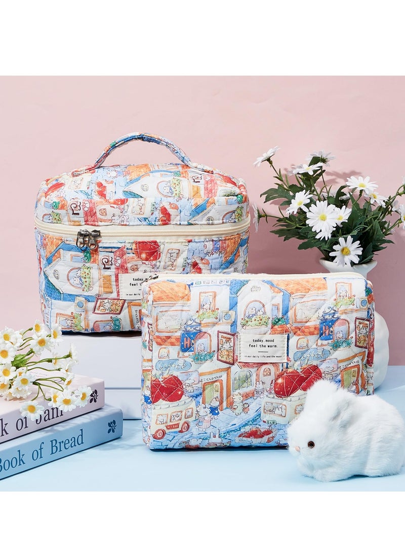 SYOSI 2 Pcs Large Travel Quilted Makeup Bag for Women Diaper Bag Tote Travel Zip Closure Diaper Floral Cotton Toiletry Bag Aesthetic Cherry Peony Cosmetic Bag Skincare Organizer Bag Rabbit Style  - Image 5