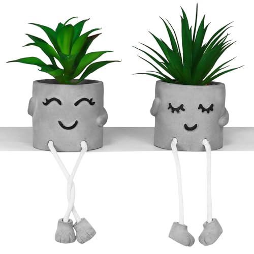 Zerzsy Faux Succulents in Cement Pots with Hanging Leg, Potted Mini Fake Plants for Desk Decor, Kitchen Shelf Decor, Office Decoration for Women, Bathroom Shelf Plants Decoration - Set of 2 - Image 1