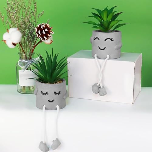 Zerzsy Faux Succulents in Cement Pots with Hanging Leg, Potted Mini Fake Plants for Desk Decor, Kitchen Shelf Decor, Office Decoration for Women, Bathroom Shelf Plants Decoration - Set of 2 - Image 2
