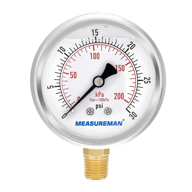 MEASUREMAN مقياس ضغط مملوء بالزيت من ميزورمان، حجم القرص 2-1/2 بوصة، نطاق 0-30 رطل لكل بوصة مربعة/كيلو باسكال، غلاف من الفولاذ المقاوم للصدأ 304، تركيب سفلي 1/4 إنش إن بي تي - Image 1