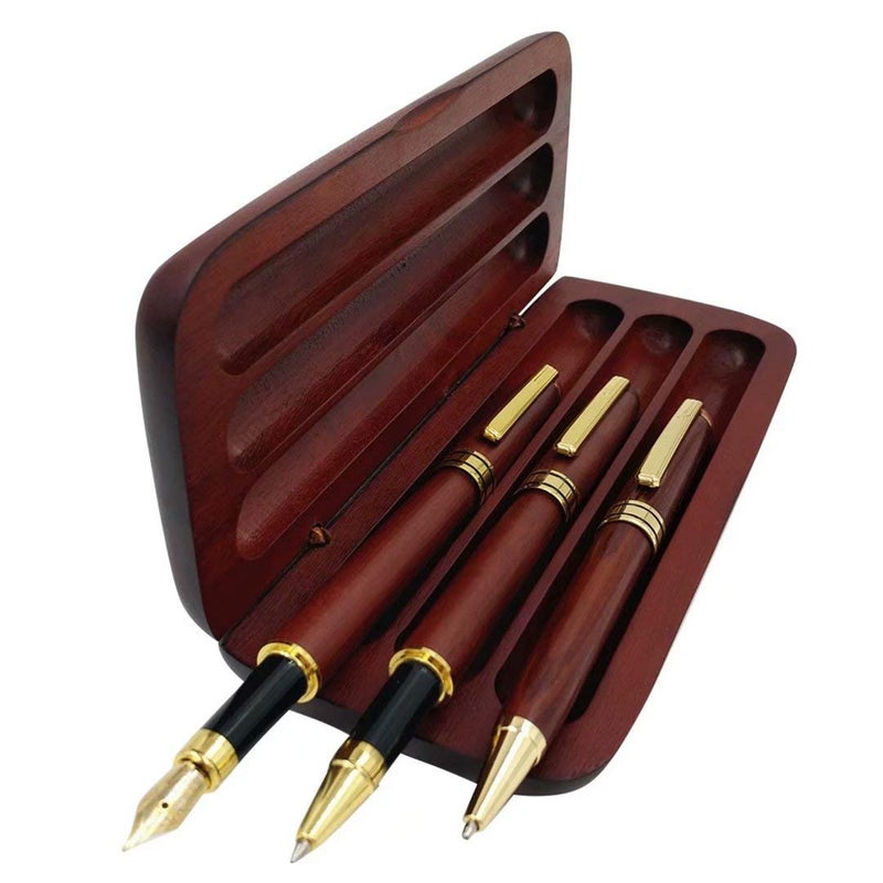 Ren Handcraft 3 Pcs Wooden Pens Set with Gift Case/Best Writing Fountain Fancy Ballpoint Pen and Luxury Gel Pen with Ink Refills, Promotional Business Designer Pens - Image 1