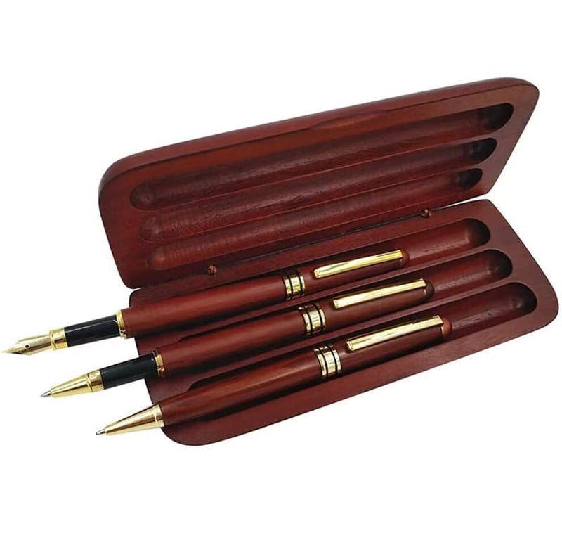Ren Handcraft 3 Pcs Wooden Pens Set with Gift Case/Best Writing Fountain Fancy Ballpoint Pen and Luxury Gel Pen with Ink Refills, Promotional Business Designer Pens - Image 3