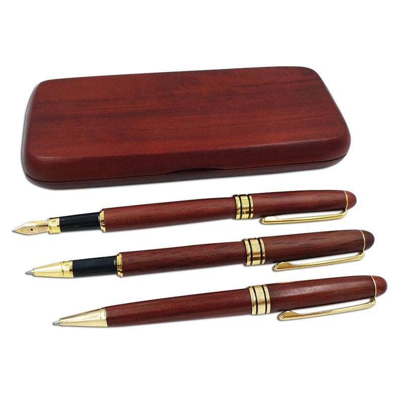 Ren Handcraft 3 Pcs Wooden Pens Set with Gift Case/Best Writing Fountain Fancy Ballpoint Pen and Luxury Gel Pen with Ink Refills, Promotional Business Designer Pens - Image 2