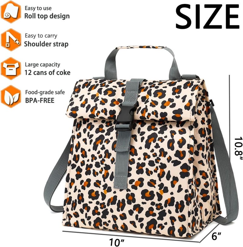 GYEUKHAM Insulated Lunch Bag for Men/Women/Kids, Roll top Reusable Lunch Box with Adjustable Shoulder Strap, Thermal Lunch Cooler Tote Container for Adults/Teens School Work Office Picnic,Leopard - Image 3
