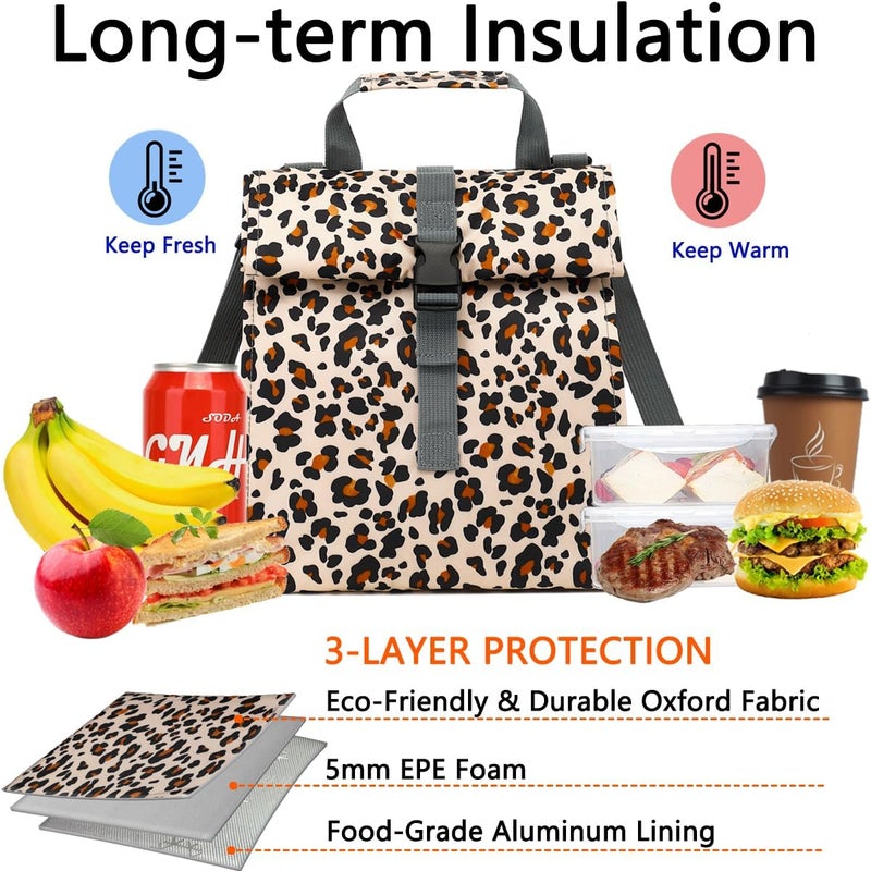 GYEUKHAM Insulated Lunch Bag for Men/Women/Kids, Roll top Reusable Lunch Box with Adjustable Shoulder Strap, Thermal Lunch Cooler Tote Container for Adults/Teens School Work Office Picnic,Leopard - Image 2
