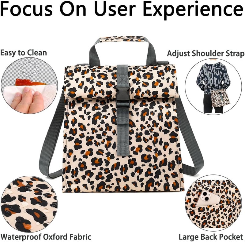 GYEUKHAM Insulated Lunch Bag for Men/Women/Kids, Roll top Reusable Lunch Box with Adjustable Shoulder Strap, Thermal Lunch Cooler Tote Container for Adults/Teens School Work Office Picnic,Leopard - Image 4
