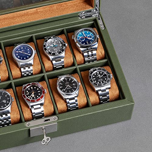 ROTHWELL 10 Slot Leather Watch Box - Luxury Case Display Jewelry Organizer - Locking Watch Display Case Holder with Large Glass Top - Box Organizer for Men and Women (Green/Tan) - Image 5