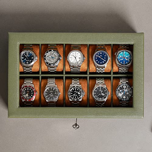 ROTHWELL 10 Slot Leather Watch Box - Luxury Case Display Jewelry Organizer - Locking Watch Display Case Holder with Large Glass Top - Box Organizer for Men and Women (Green/Tan) - Image 4