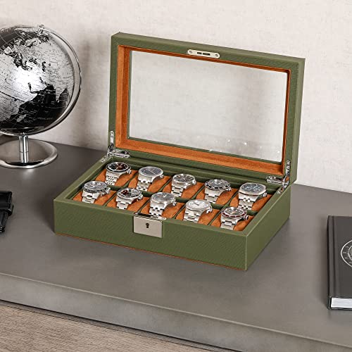 ROTHWELL 10 Slot Leather Watch Box - Luxury Case Display Jewelry Organizer - Locking Watch Display Case Holder with Large Glass Top - Box Organizer for Men and Women (Green/Tan) - Image 3