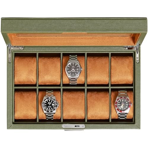 ROTHWELL 10 Slot Leather Watch Box - Luxury Case Display Jewelry Organizer - Locking Watch Display Case Holder with Large Glass Top - Box Organizer for Men and Women (Green/Tan) - Image 1