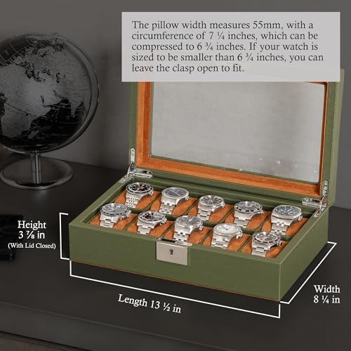 ROTHWELL 10 Slot Leather Watch Box - Luxury Case Display Jewelry Organizer - Locking Watch Display Case Holder with Large Glass Top - Box Organizer for Men and Women (Green/Tan) - Image 2