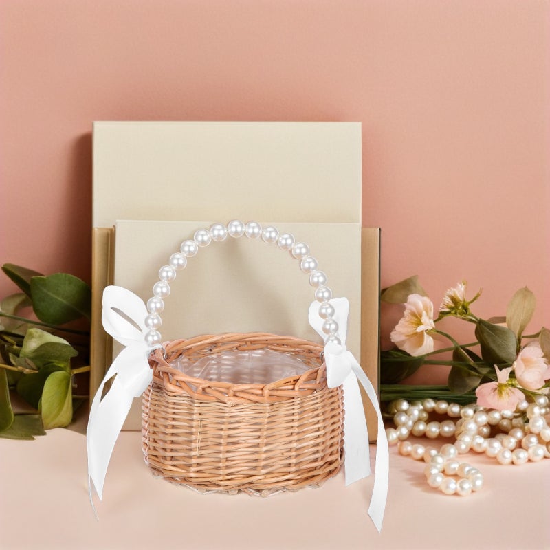 Flower Girl Basket With Imitation Handle And White Ribbon Handwoven Wicker Rattan Basket For Wedding Ceremony Party Decoration And Home Decor - Image 4