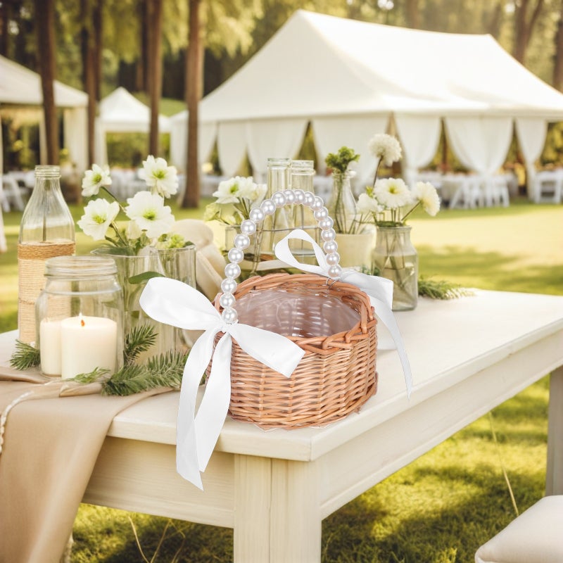 Flower Girl Basket With Imitation Handle And White Ribbon Handwoven Wicker Rattan Basket For Wedding Ceremony Party Decoration And Home Decor - Image 2