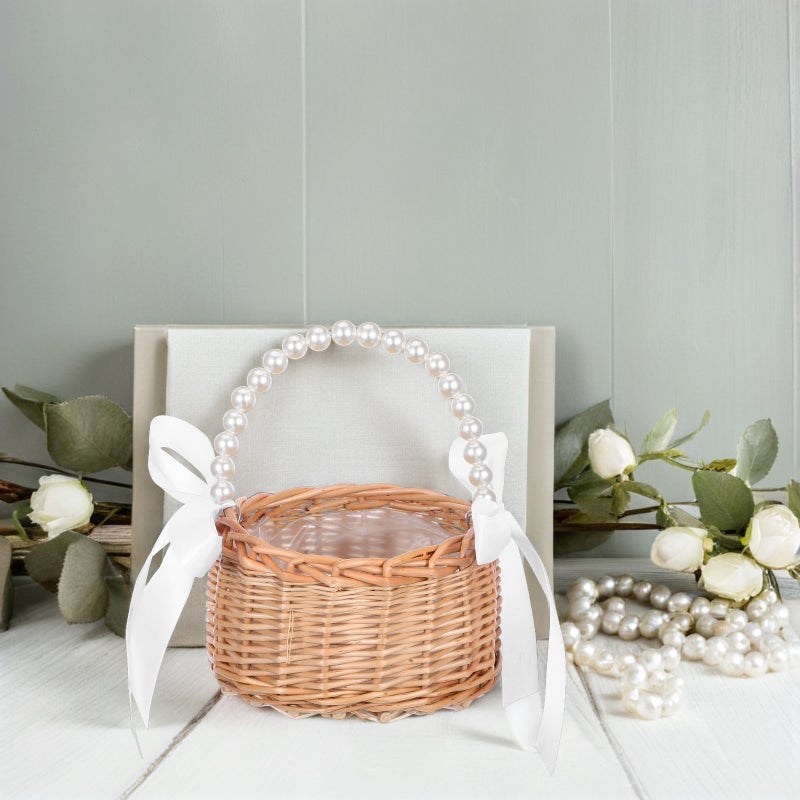 Flower Girl Basket With Imitation Handle And White Ribbon Handwoven Wicker Rattan Basket For Wedding Ceremony Party Decoration And Home Decor - Image 5