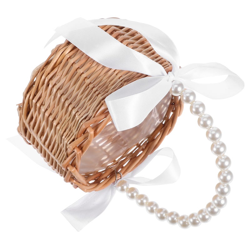 Flower Girl Basket With Imitation Handle And White Ribbon Handwoven Wicker Rattan Basket For Wedding Ceremony Party Decoration And Home Decor - Image 1