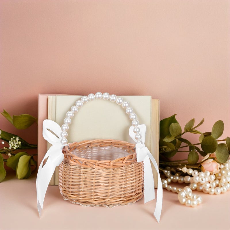 Flower Girl Basket With Imitation Handle And White Ribbon Handwoven Wicker Rattan Basket For Wedding Ceremony Party Decoration And Home Decor - Image 3