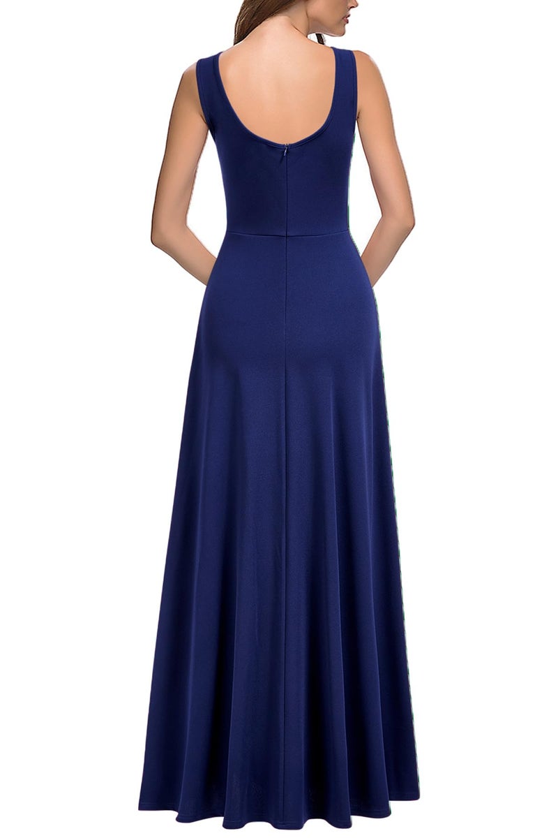 MUSHARE Women's Square Neck Sexy Split Cocktail Party Maxi Long Formal Dress Navy Blue - Image 2