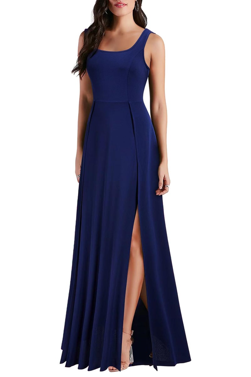 MUSHARE Women's Square Neck Sexy Split Cocktail Party Maxi Long Formal Dress Navy Blue - Image 3