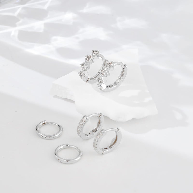 Rotnso Silver Hoop Earrings Set for Women Trendy, Silver Plated Chunky Hypoallergenic Small Diamond Huggie Cartilage Hoops Cute Cubic Zirconia Dangle Earrings Jewelry Gifts - Image 5
