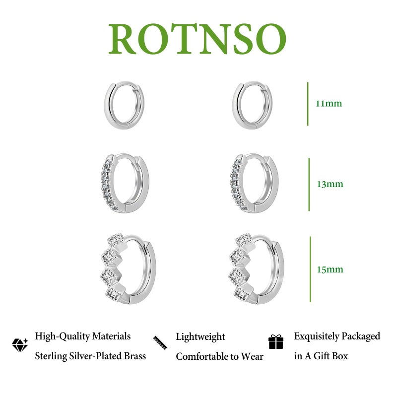 Rotnso Silver Hoop Earrings Set for Women Trendy, Silver Plated Chunky Hypoallergenic Small Diamond Huggie Cartilage Hoops Cute Cubic Zirconia Dangle Earrings Jewelry Gifts - Image 3