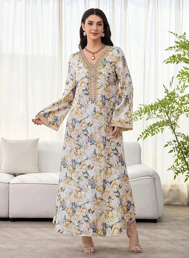تايك تو Floral Print V Neck A-Line Jalabiya