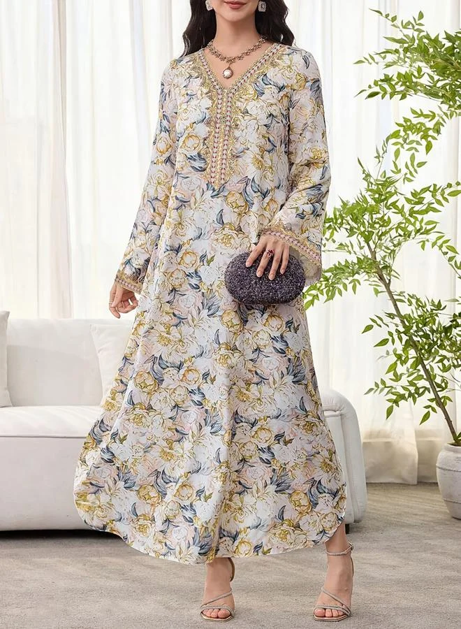 تايك تو Floral Print V Neck A-Line Jalabiya