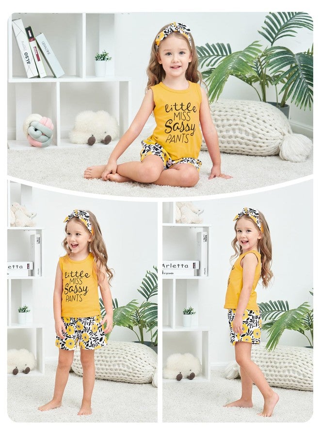 Hipea Toddler Girl Outfits Flower Tops Sleeveless Vest Shorts Headband Summer Clothes Set(4-5T) - Image 4