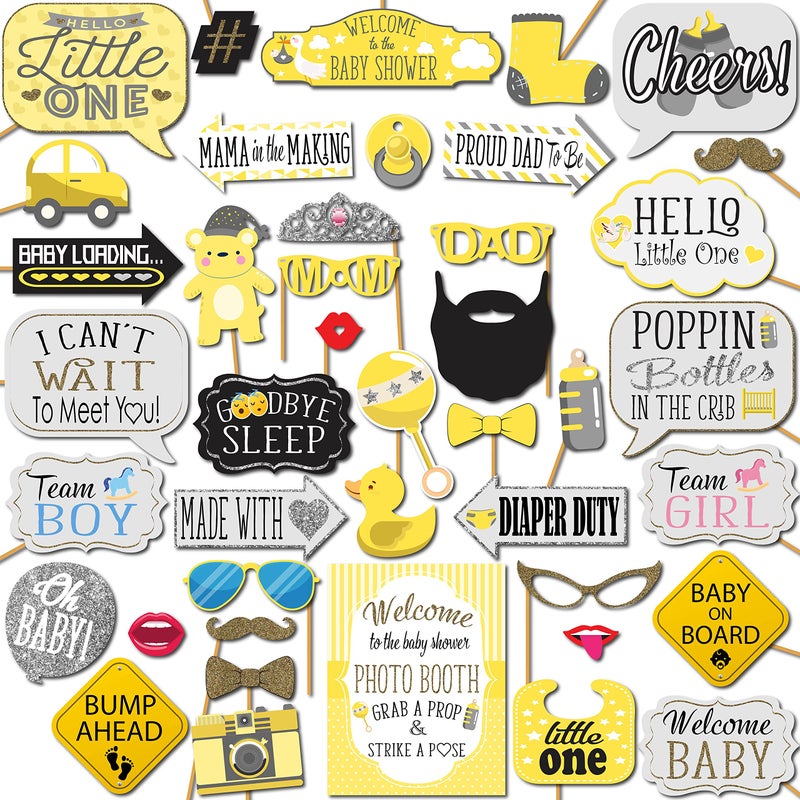 Baby Shower Photo Booth Props  41pc Photo Booth Kit with 8 x 10Inch Sign 60 Adhesive Pads 45 Sticks  Baby Shower Decorations  Unisex Gender Neutral
