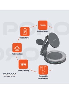 porodo 3 in 1 Wireless Charger with Rotating Base 15W / Fast Charging / Folding Design / Plug into 20W or higher charging adapter - Grey  - Image 2