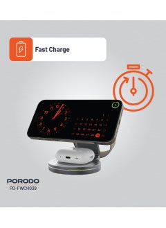 porodo 3 in 1 Wireless Charger with Rotating Base 15W / Fast Charging / Folding Design / Plug into 20W or higher charging adapter - Grey  - Image 4