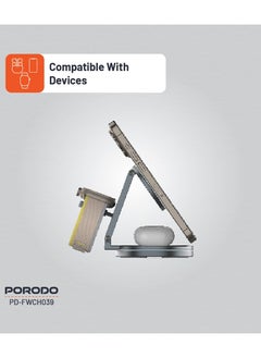 porodo 3 in 1 Wireless Charger with Rotating Base 15W / Fast Charging / Folding Design / Plug into 20W or higher charging adapter - Grey  - Image 5