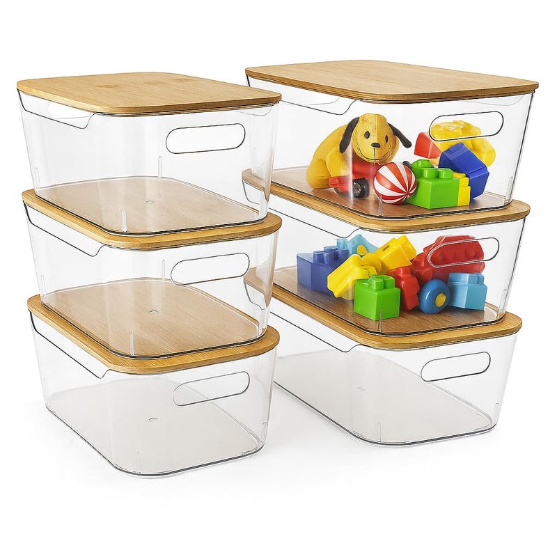 CiWiVOKi 6 Pack Clear Storage Bins with Bamboo Lids, Stackable Organization and Storage Containers with Handle for Pantry, Cabinet, Closet, Fridge, Bathroom, Organizer Bins for Home & Kitchen - Image 1