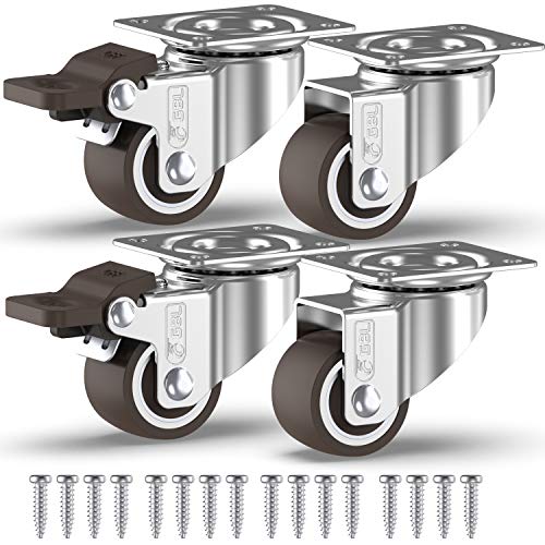 GBL 1" Small Caster Wheels with 2 Brakes + Screws - 90Lbs - Low Profile Castor Wheels with Brakes - Set of 4 No Floor Marks Silent Casters - Mini Wheels for Cart and Furniture - Image 1