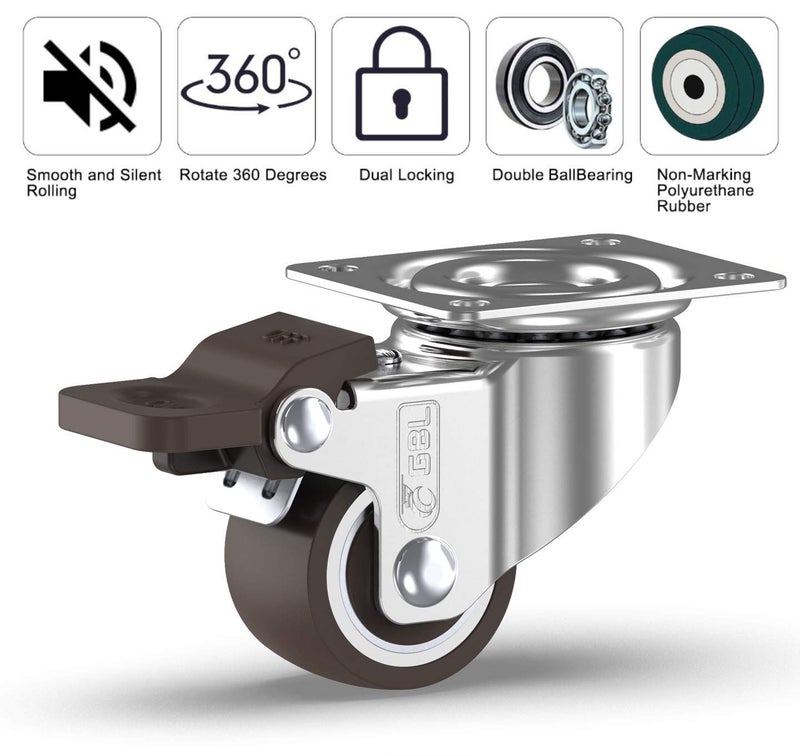 GBL 1" Small Caster Wheels with 2 Brakes + Screws - 90Lbs - Low Profile Castor Wheels with Brakes - Set of 4 No Floor Marks Silent Casters - Mini Wheels for Cart and Furniture - Image 3