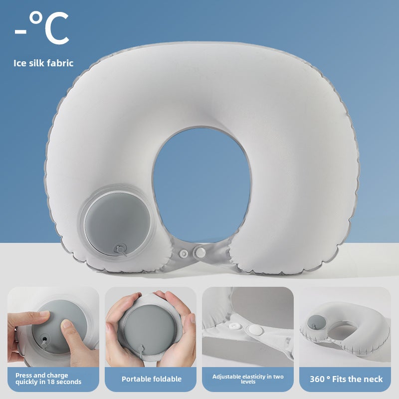 Inflatable Travel Neck Pillow U-Shaped Press Air Cushion Enlarge ice silk gray