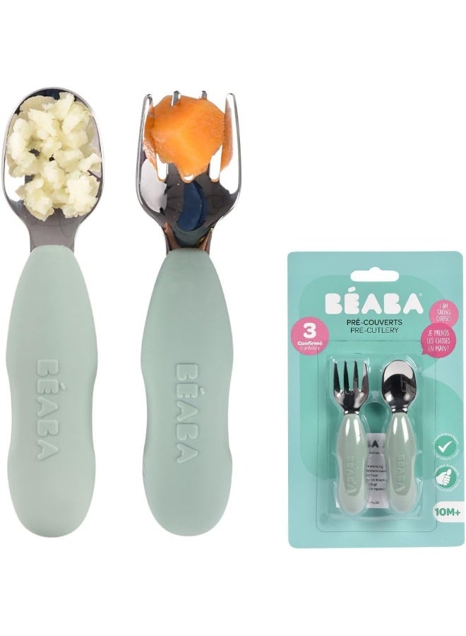 BEABA Stainless Steel Pre-Cutlery 2-Piece Set, Sage Green - Image 1